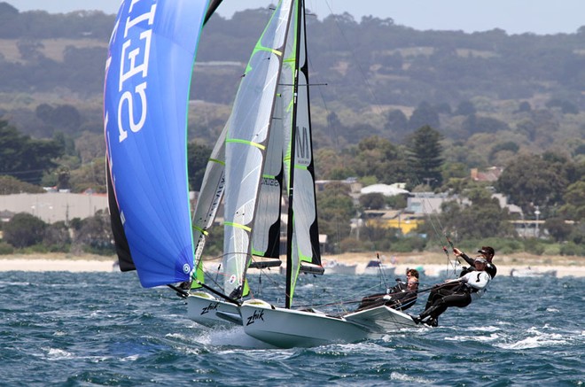 Peter Kendall and Bryce Waters on the way to the 49er finish. - Zhik ’9er Australian Championships ©  Alex McKinnon Photography http://www.alexmckinnonphotography.com